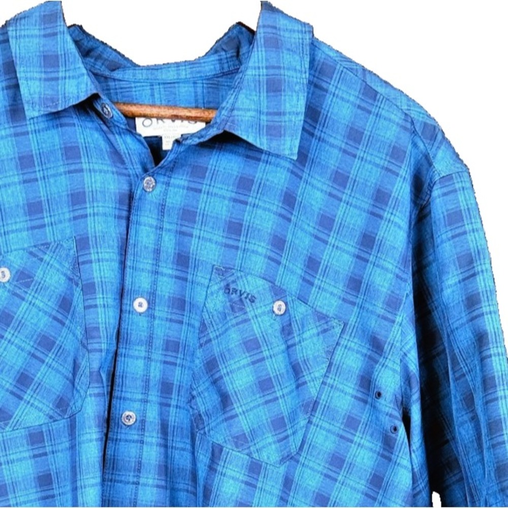 Orvis Shirt Mens XXL Blue Short Sleeve Plaid Button Down Fishing Outdoor Utility